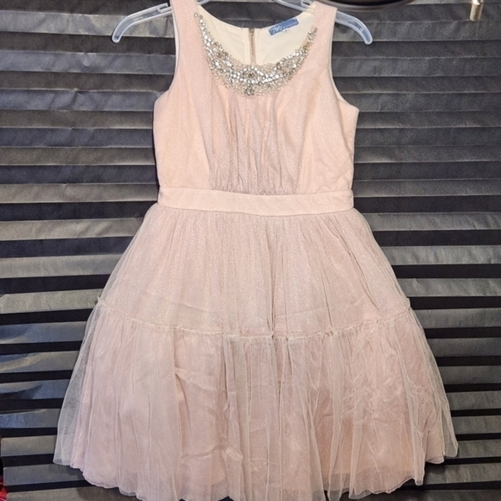 Truly Me By TM Girls Tulle Bejeweled Dress Size 12 Blush Pink Glitter Rhinestone